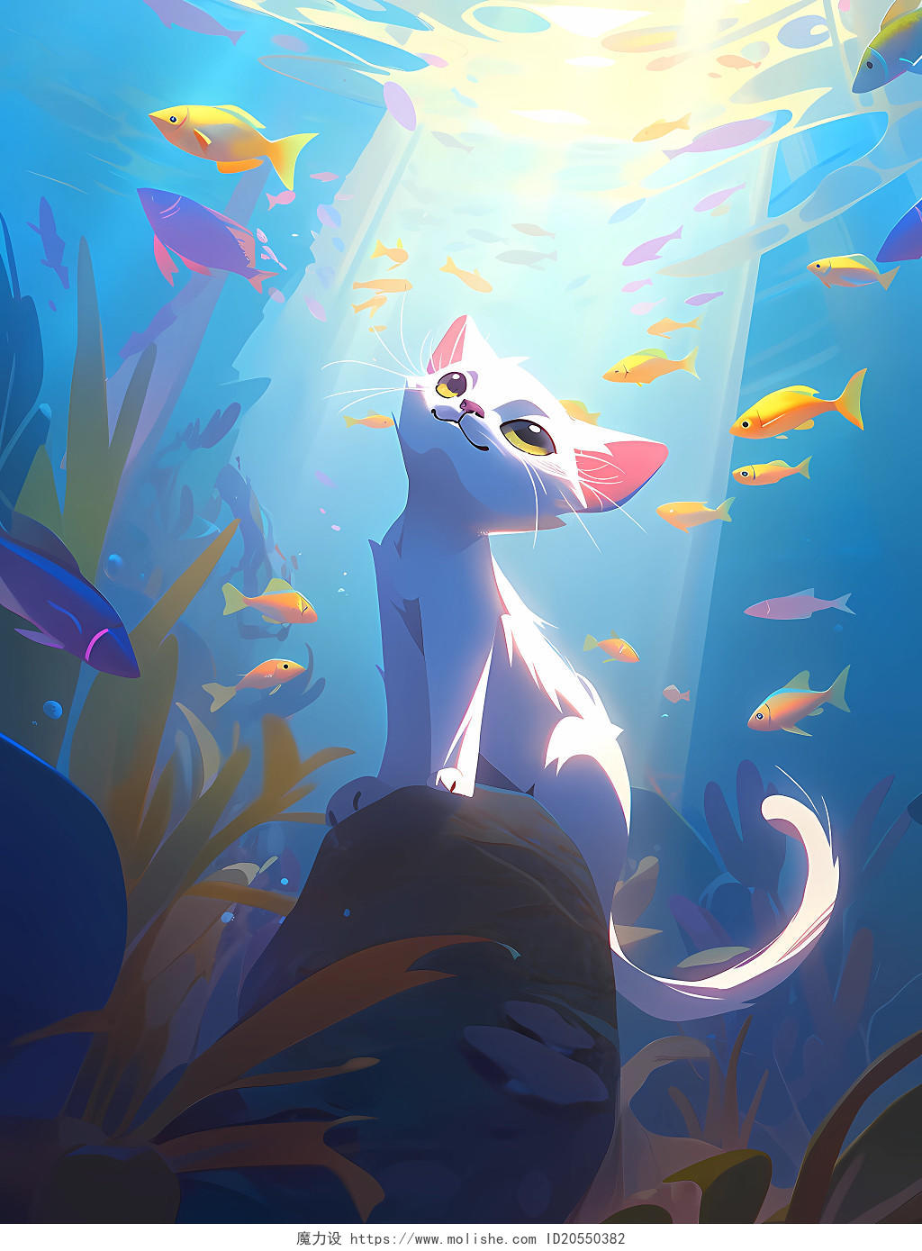 世界海洋日皮克斯风格小猫欣赏海底世界的可爱场景